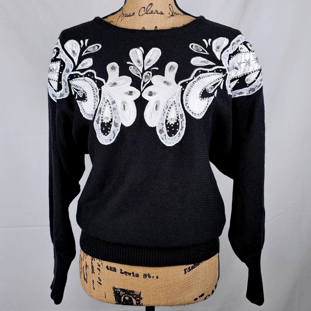 Vintage‎ Cedars Embellished Sweater Black White Leather Accent Knit Top Large